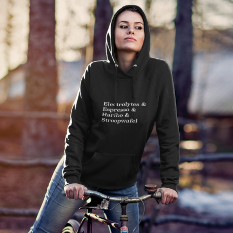 model with hoodie and bike